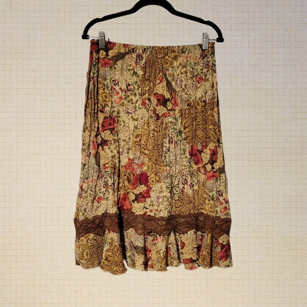 Y2K Cottagecore Floral Patchwork Skirt Brown Lace Trim Elastic Waist 4 Dressbarn